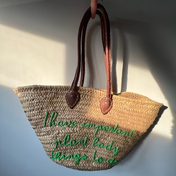 Poolside large beach tote long handles bag embroidered plant lady straw woven - Picture 3 of 13